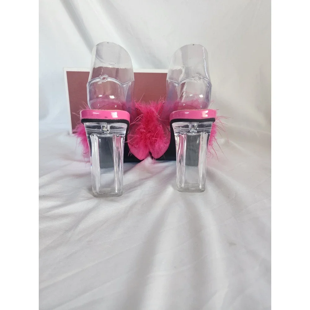 LIURUIJIA Pink Feather Platform Sandals Clear Block Heel Y2K Barbiecore Mules 39